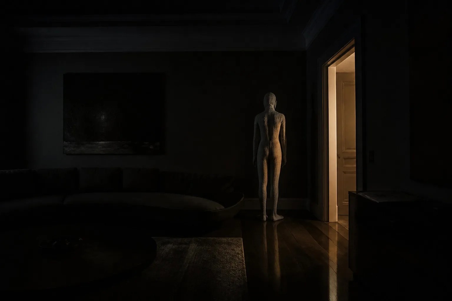 A tall fabric-covered humanoid robot standing motionless in the corner of a dark living room
