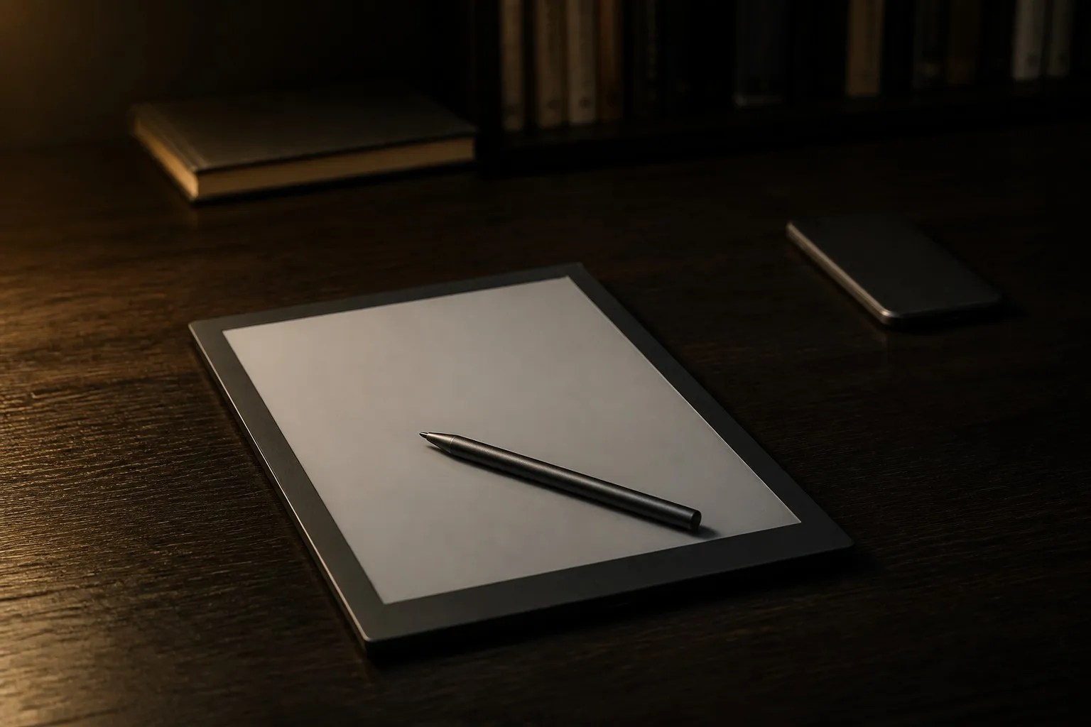 A matte E-Ink tablet and stylus on a dark desk beside a face-down phone