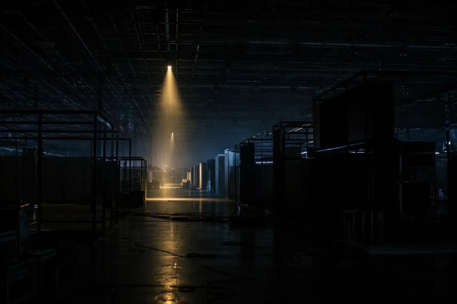 A vast empty trade-show hall before opening, bare booth frames in shadow, one distant spotlight