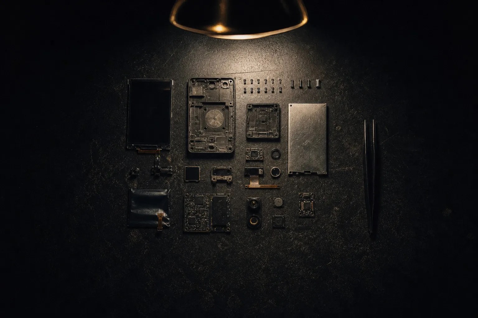 A disassembled smart device on a dark workbench, components laid out in a precise grid under a single lamp