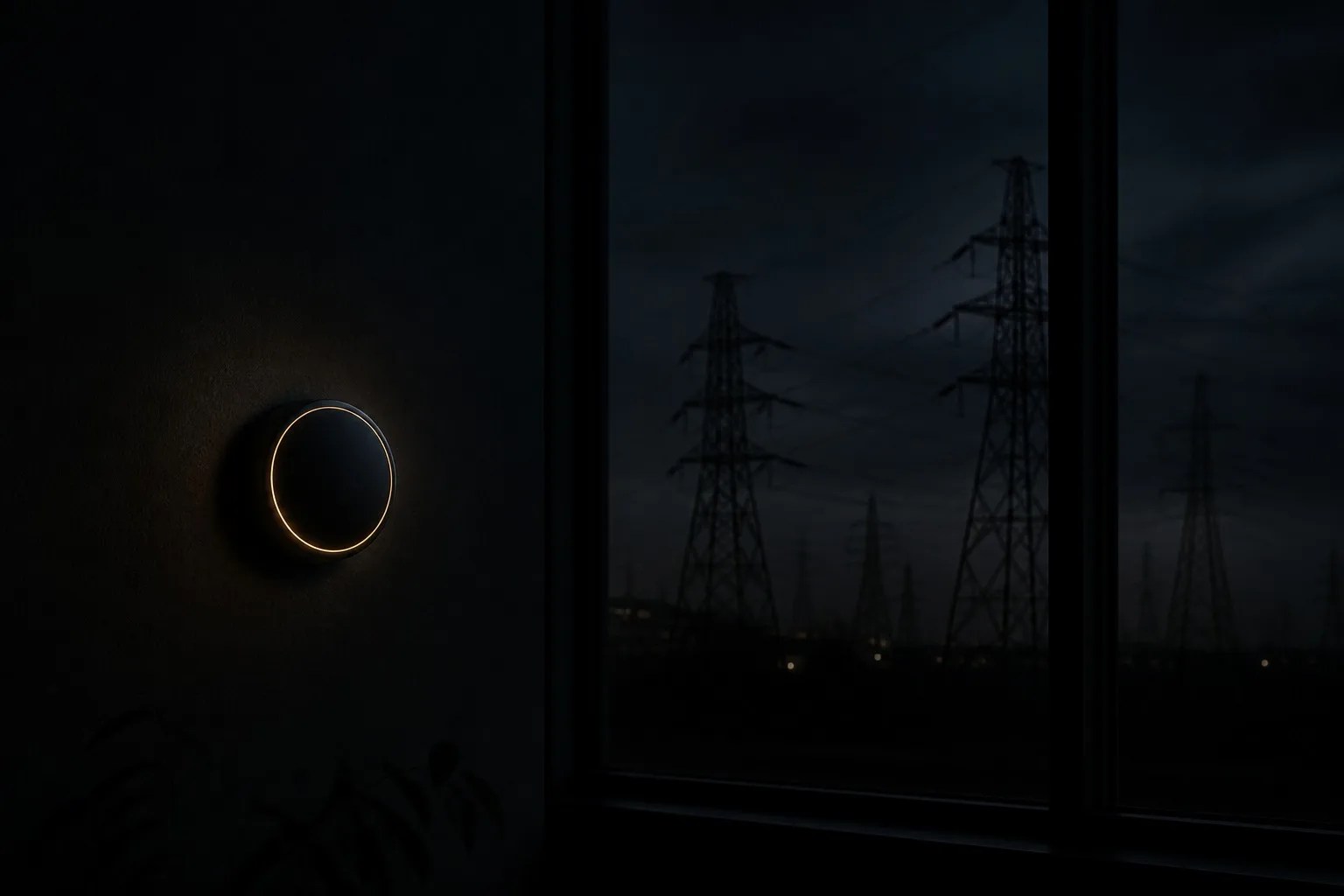 A minimalist thermostat glowing faintly on a dark wall, with distant transmission towers visible through a window