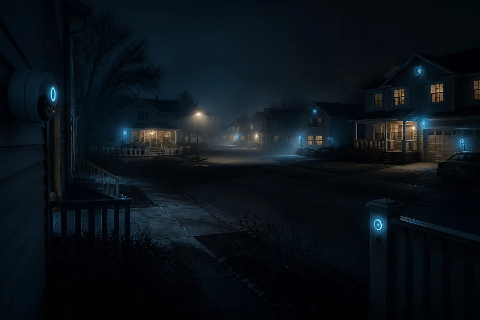 Night street seen through surveillance lenses