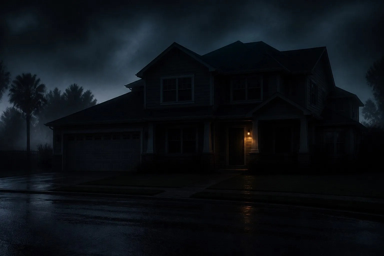 A dark suburban house at night with a single faintly glowing alarm keypad by the door