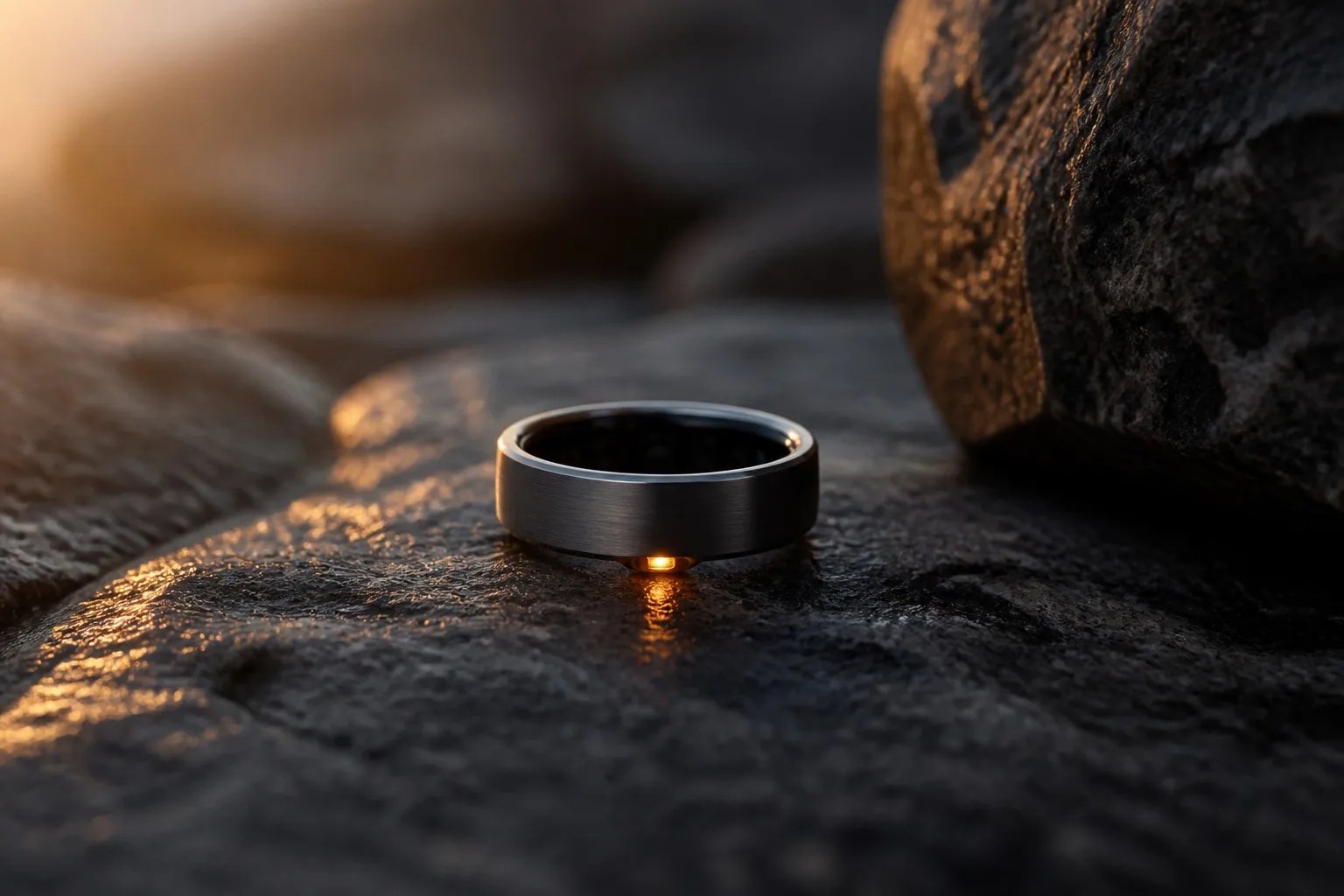 Titanium smart ring on dark stone