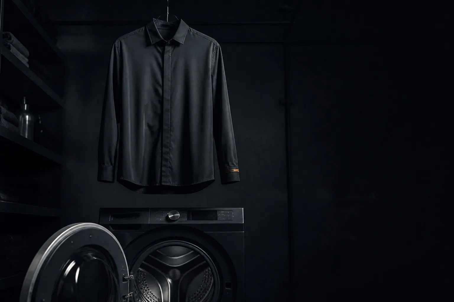 A technical shirt hanging above an open washing machine in a dark laundry room
