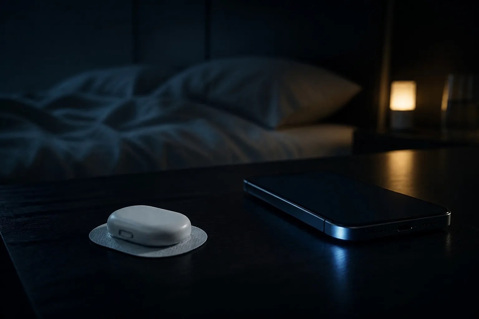 A small sensor patch on a dark bedside table at night beside a dimly glowing phone