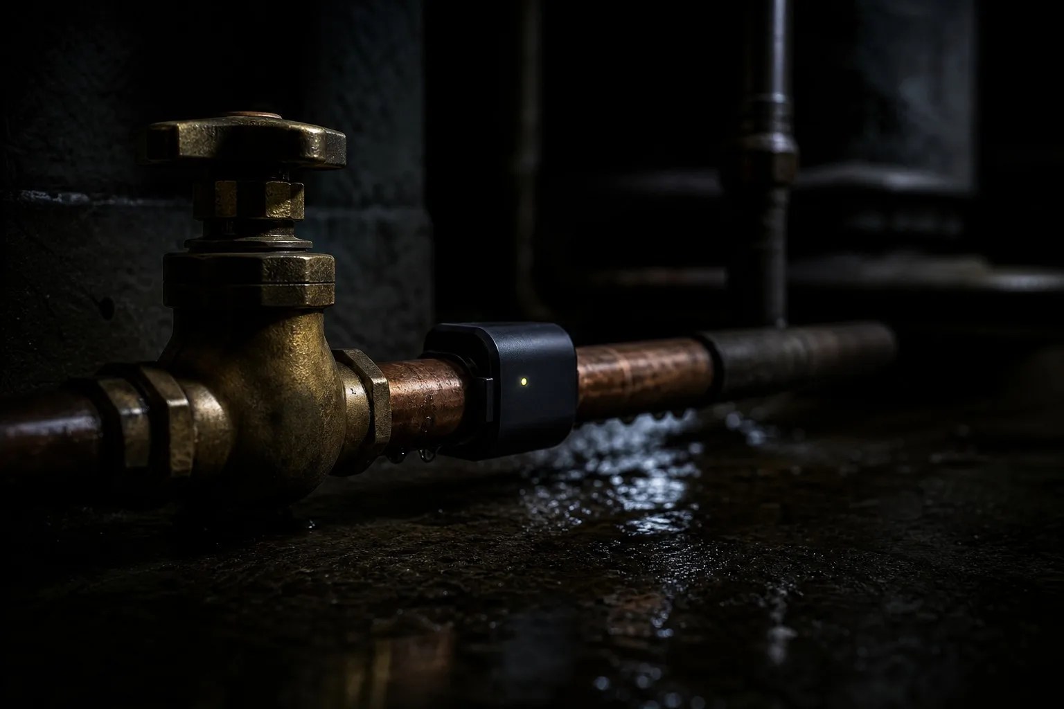 A quiet interior corner of a house, the ceiling marked by the slow evidence of water damage