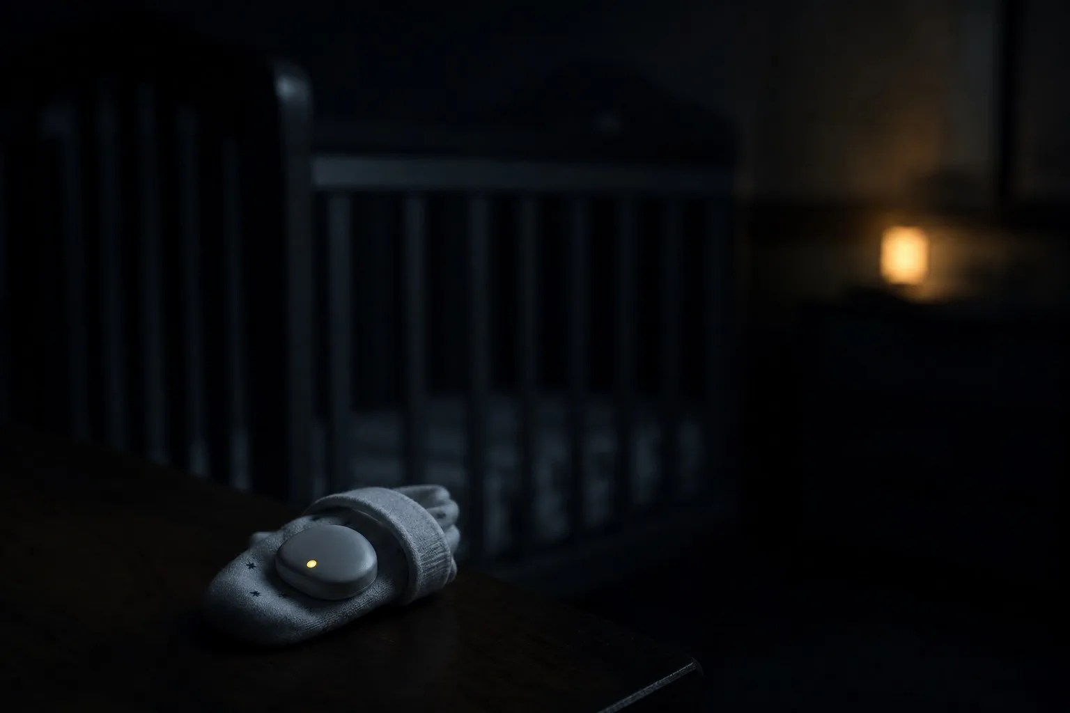 A sleeping infant in a dark nursery, a soft sock light glowing gently on one foot