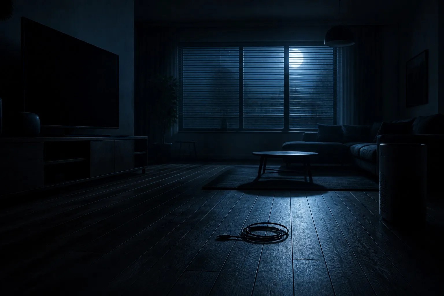 Connected smart home devices glowing in a dark room