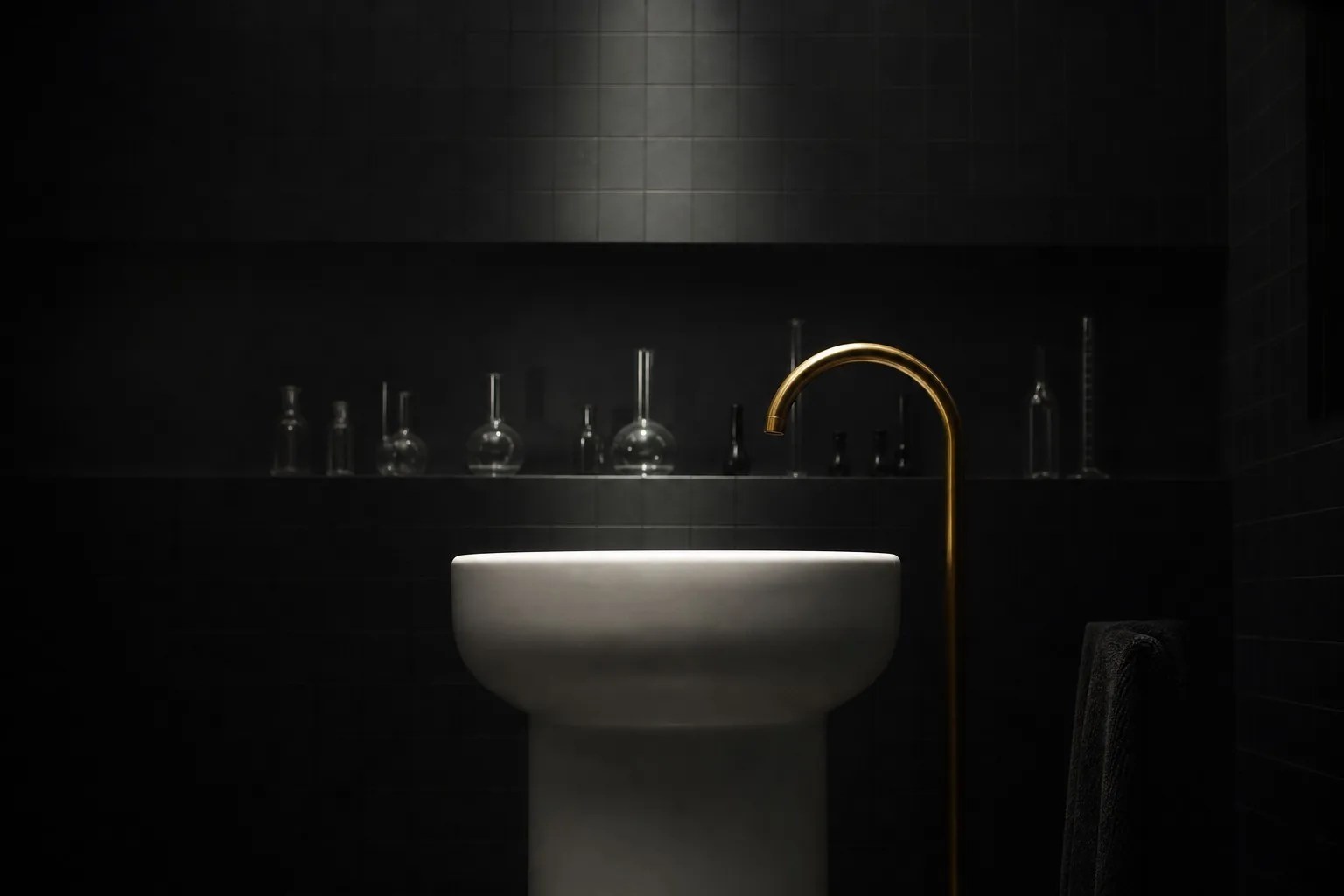 A minimalist bathroom in soft light, a modern smart toilet as the quiet center of the room