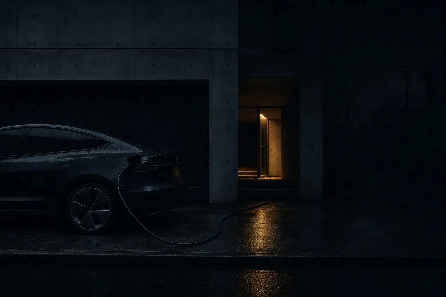 EV in dark garage powering a house during blackout