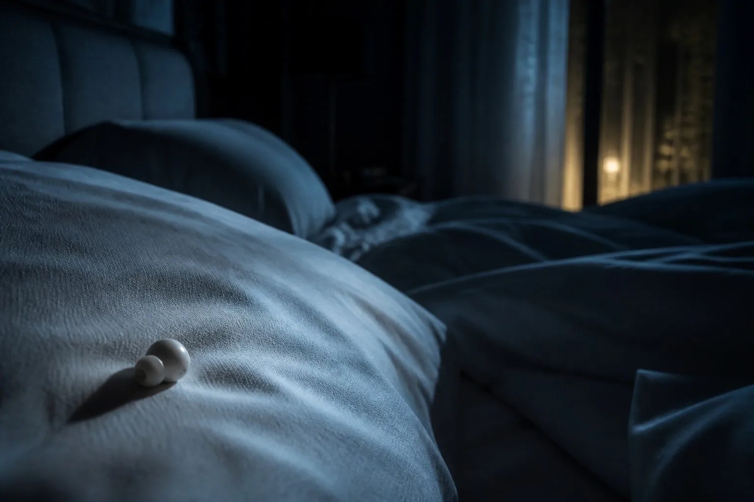 A single sleep earbud resting on a pillow in a dark bedroom at night