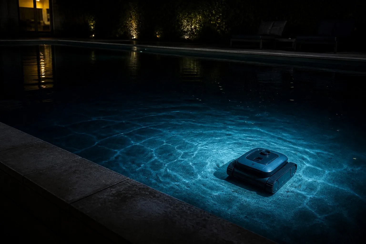 cordless robotic pool cleaner on the submerged floor of a dark pool