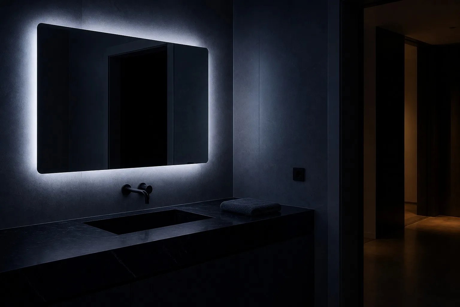 glowing smart mirror in an empty dark bathroom before dawn