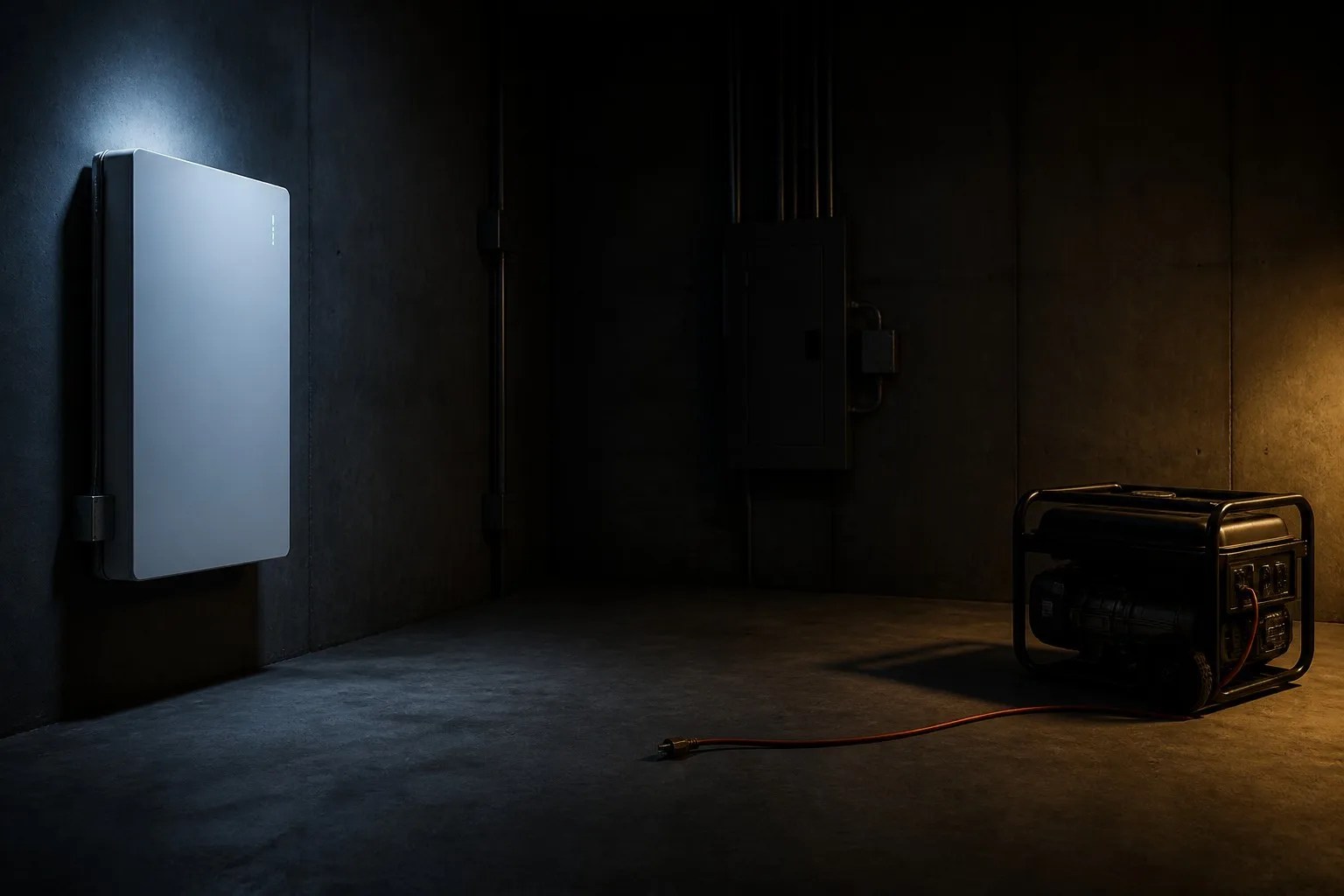 A wall-mounted home battery and a fuel generator in a dark utility room during an outage