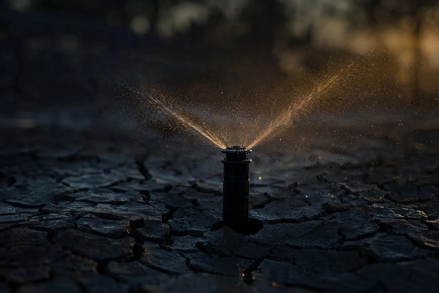 A garden at dawn, a sprinkler head beside a row of plants in low light