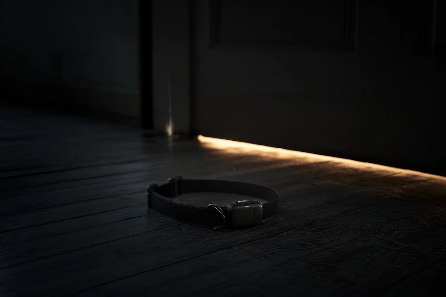 A dog seen from behind in soft evening light, a small device visible on its collar