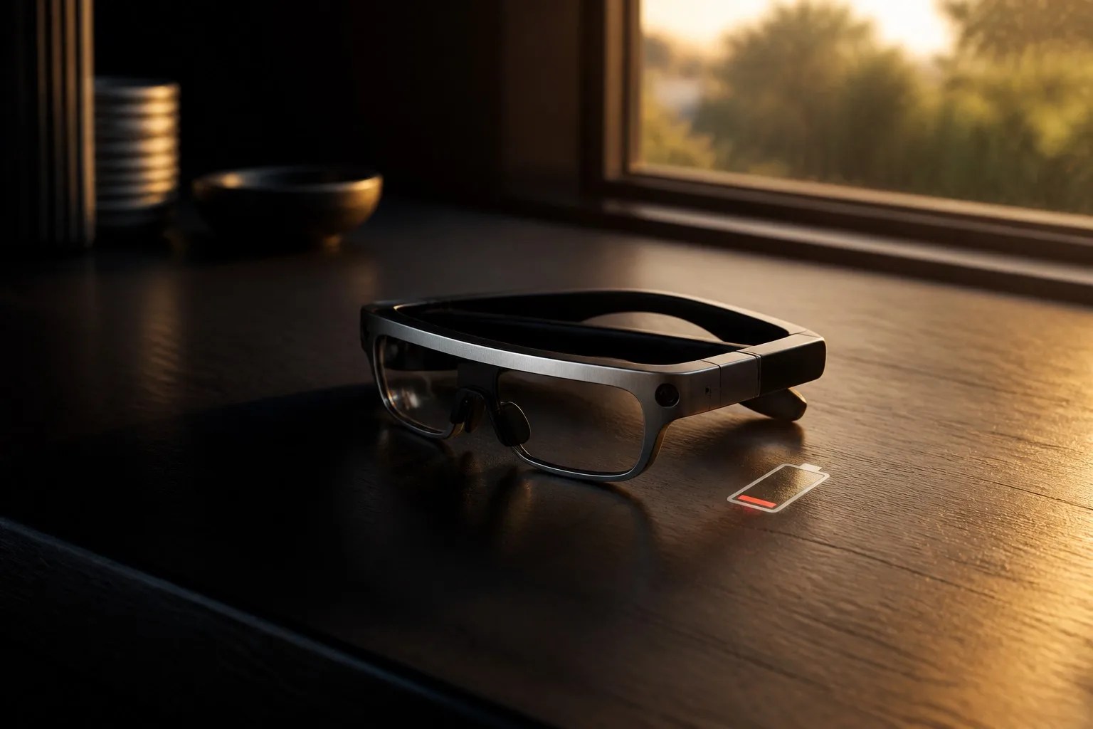 A pair of AI smart glasses resting on a dark surface, softly lit