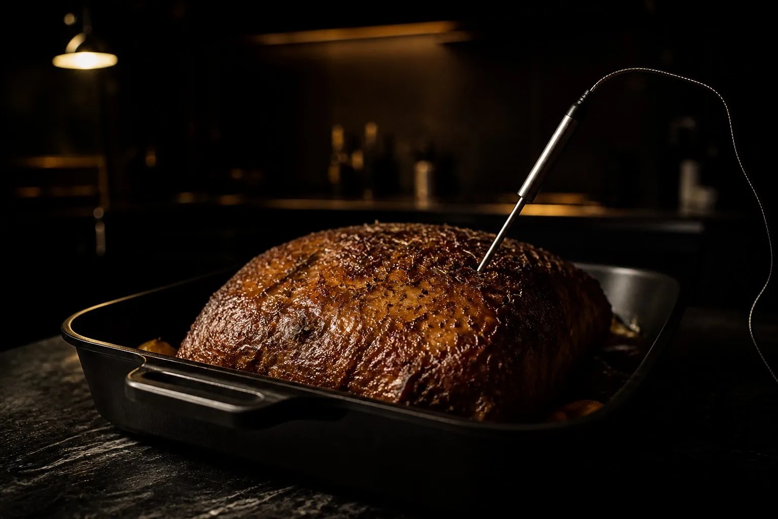 A roast resting in a pan in a dark kitchen with a probe thermometer inserted