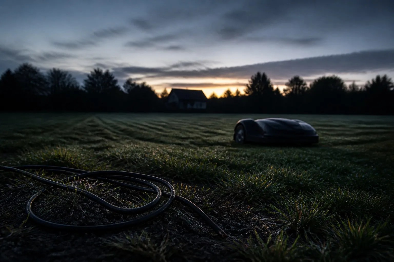 abandoned boundary wire in grass with a robot mower behind at dawn