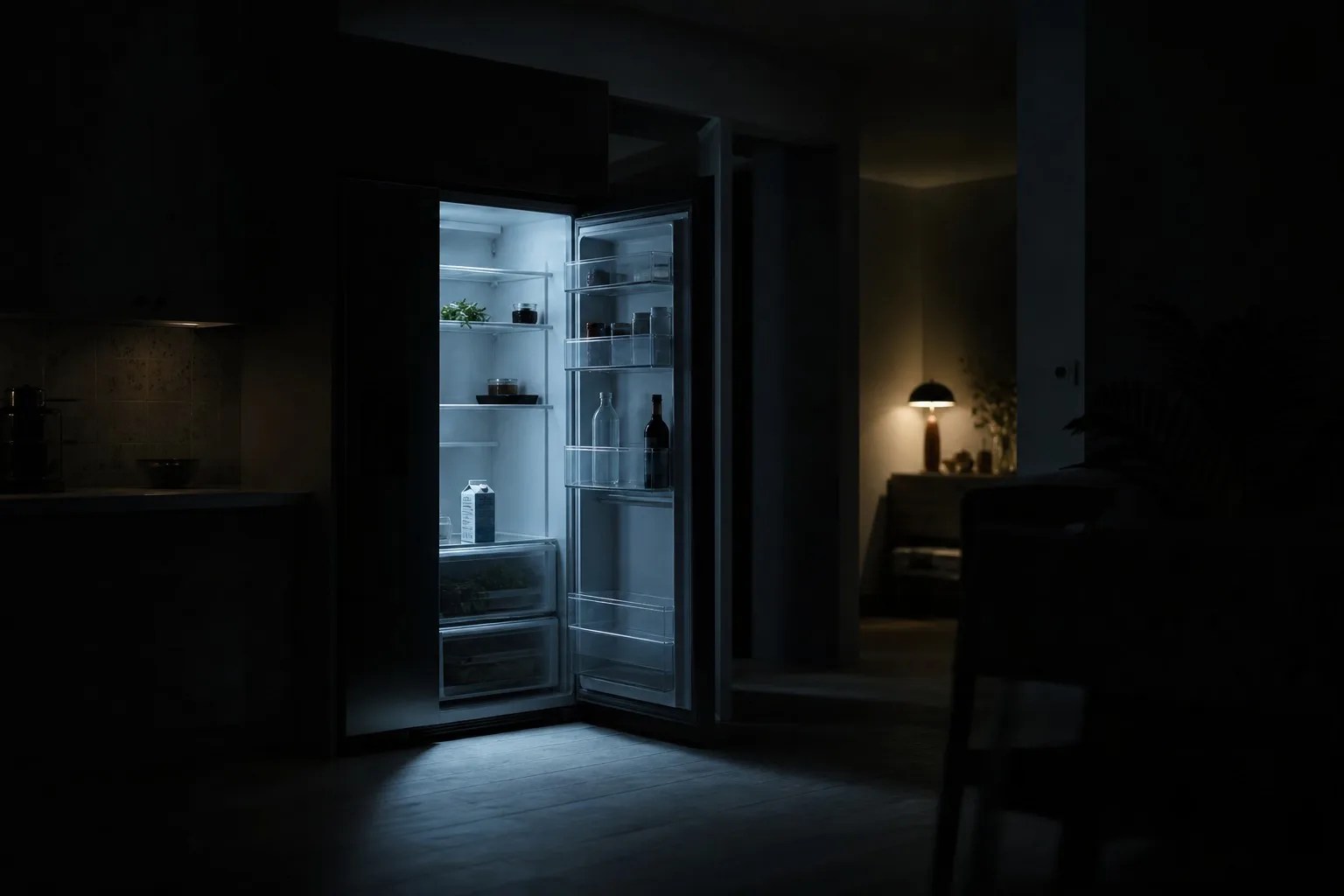 A sleek stainless refrigerator standing in a dim kitchen, its interior glow barely visible through the door