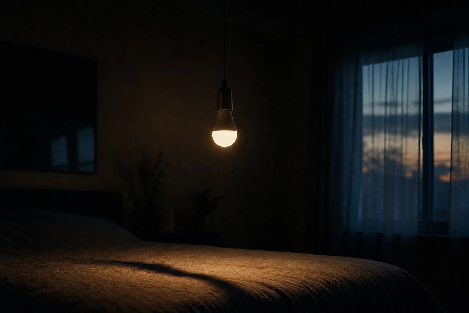 A bedside lamp glowing warm amber in a dark room at evening, a phone face-down beside it