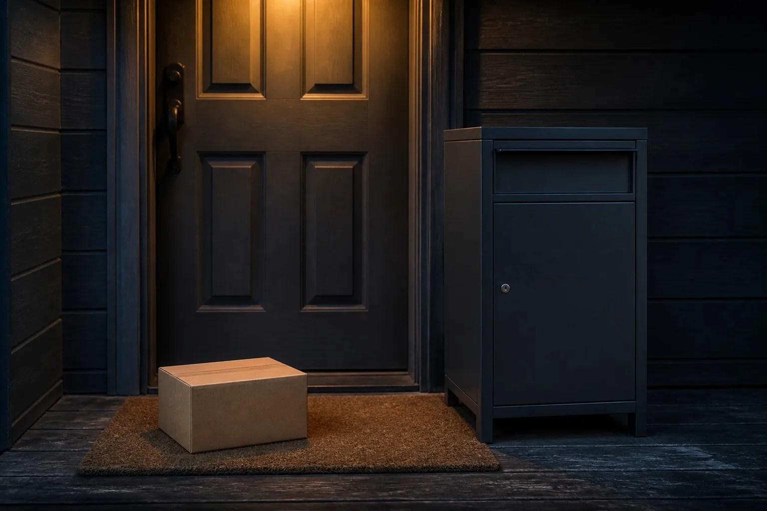 A secure parcel box beside a front door at dusk with a package left on the mat instead