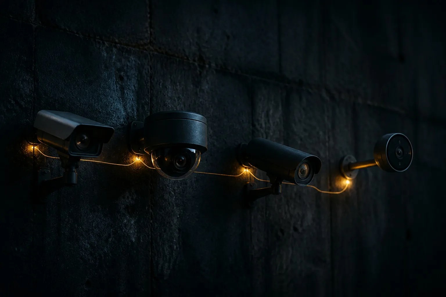 Four different security cameras on a dark wall linked by faint gold light lines