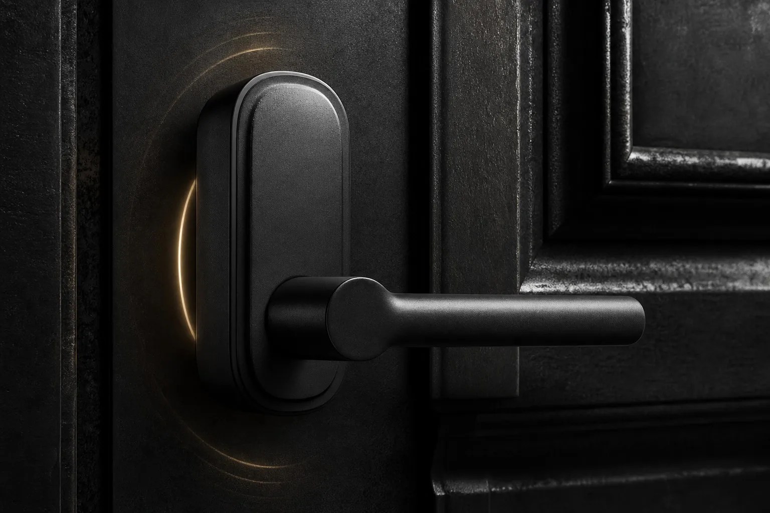 Extreme close-up of a matte black smart lock on a dark door with a faint gold arc of light around the plate