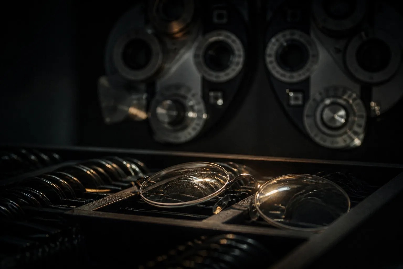 A pair of prescription lenses on a dark optician's tray beside a phoropter, single overhead light