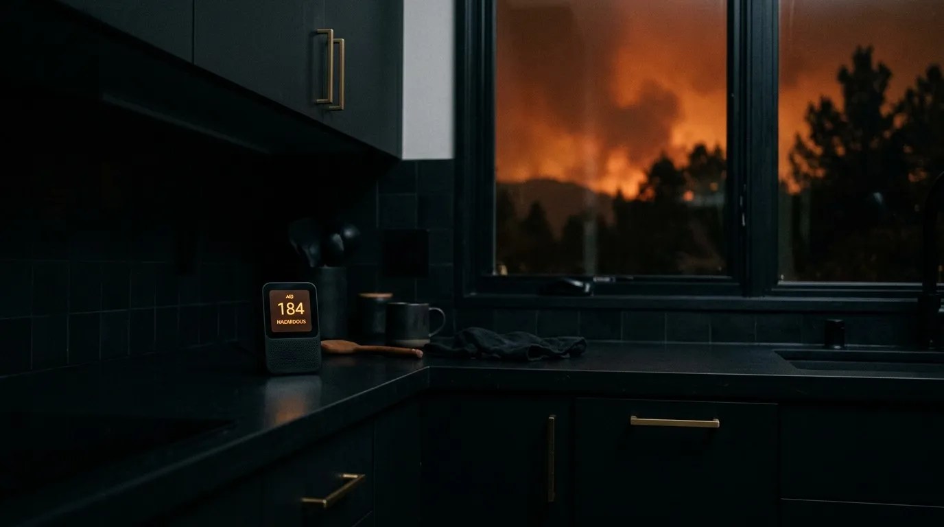 indoor air monitor on dark kitchen counter, wildfire smoke outside