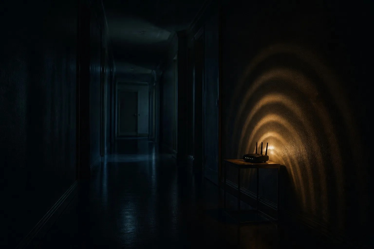 A dark empty hallway with faint concentric rings of gold light radiating from a small router