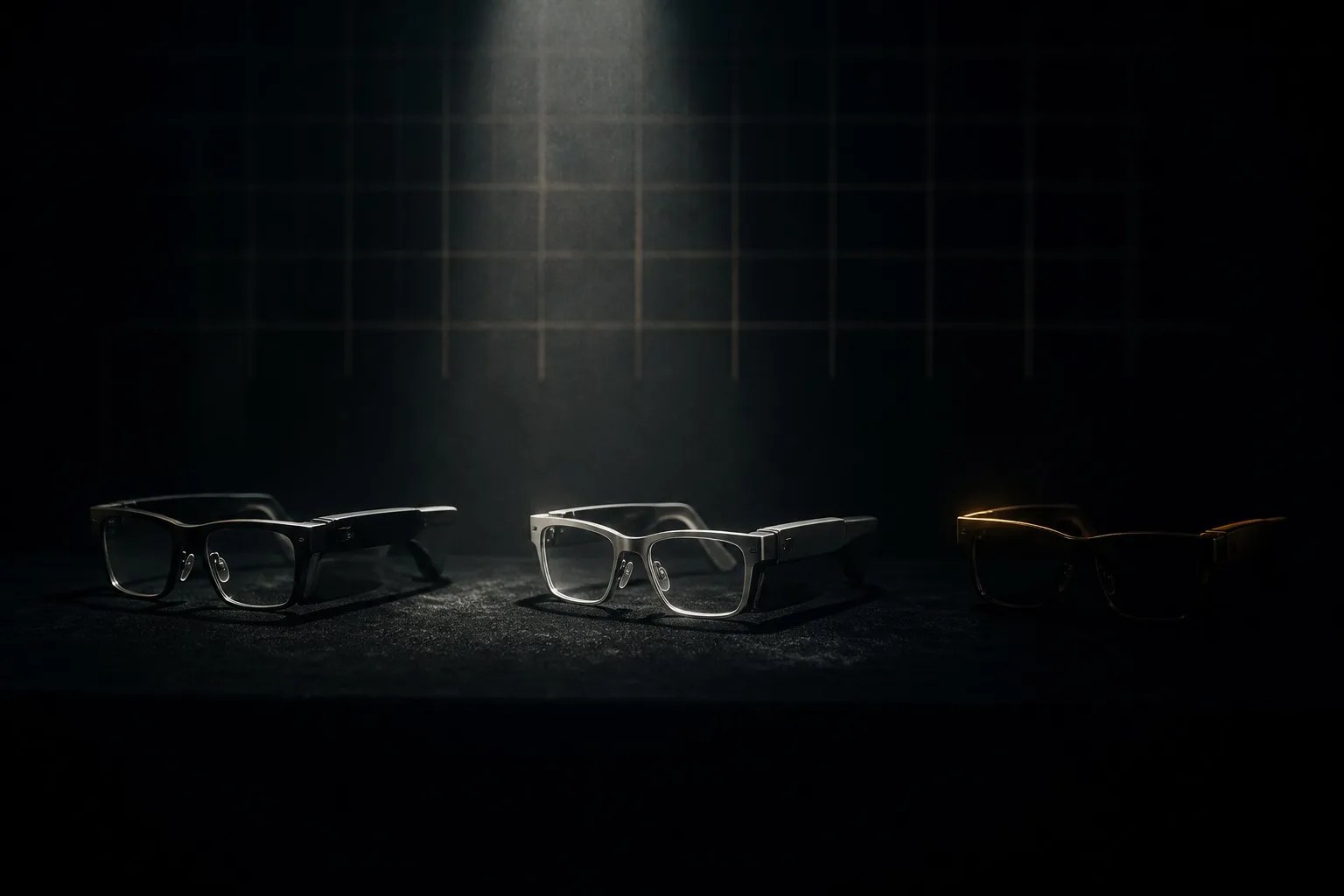 Three pairs of smart glasses in a row under a narrow spotlight, one still in shadow