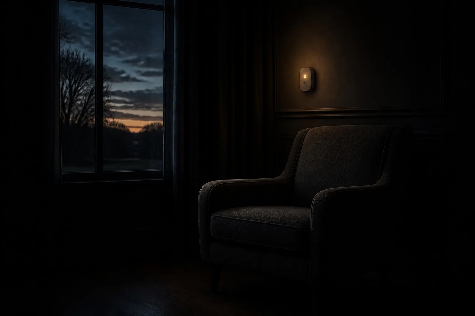 An empty armchair by a window in a dim room at dusk, a small sensor light glowing on the wall