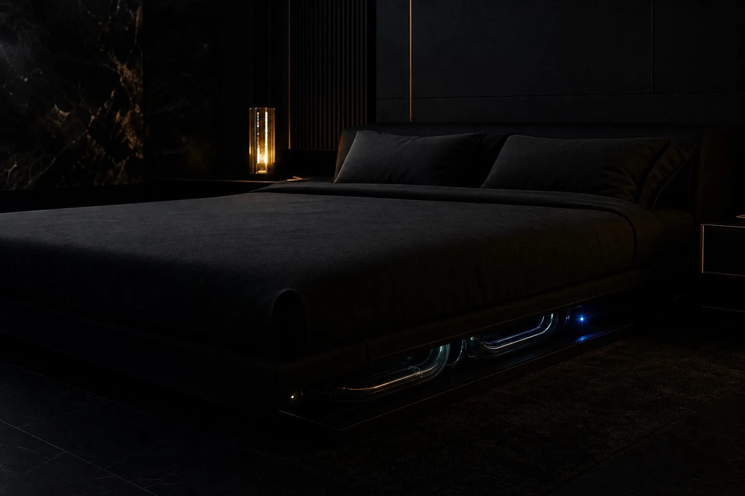 dark temperature-controlled smart bed with sensor light