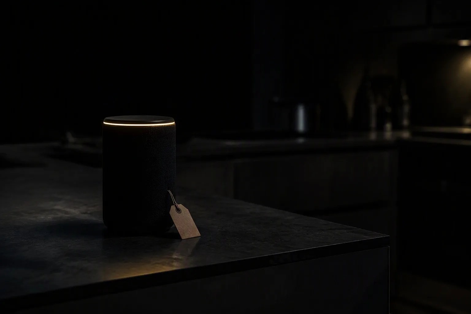 A smart speaker on a dark kitchen counter at night with a small paper price tag resting against it