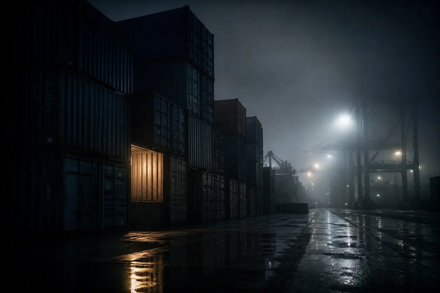 A container port at night, stacked containers in fog, one lit from within