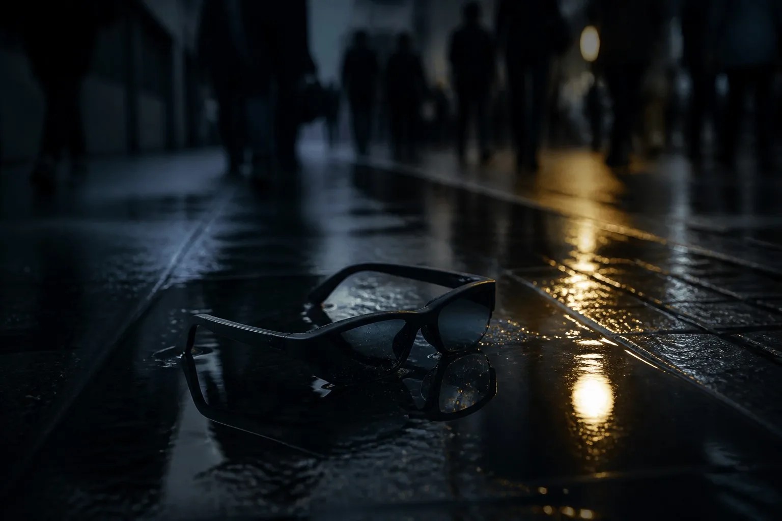 Smart glasses on wet night pavement, anonymous figures passing in the background
