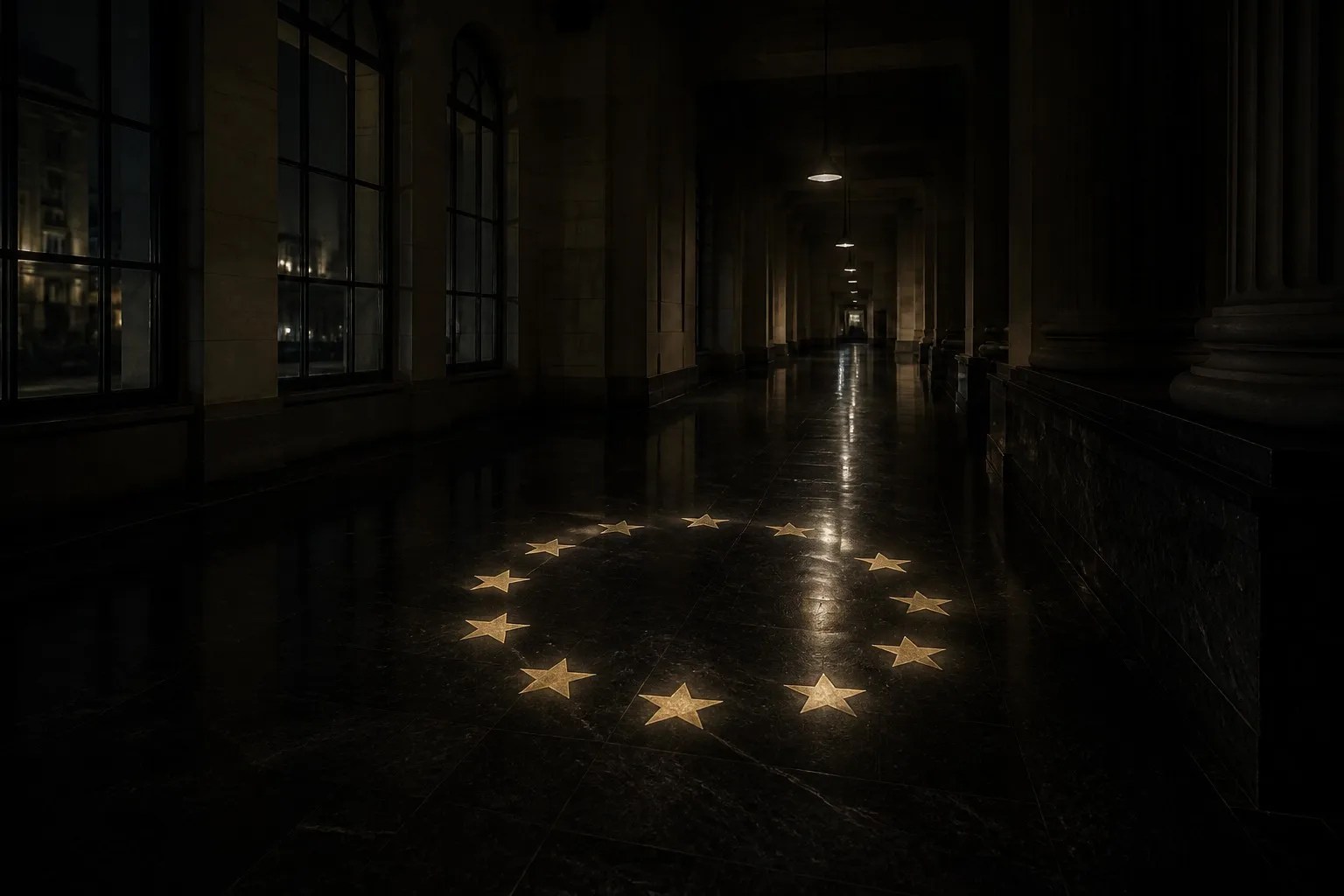 Dark institutional corridor at night with a faint circle of gold stars projected on the floor